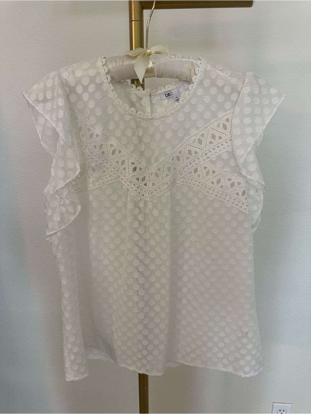 DR2 White Swiss Dot Lace-Trim Flutter Sleeve Nordstrom Blouse